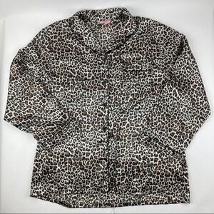 Lavenderi Button Up Shirt Women XL Cream Black Leopard Long Sleeve Pocket